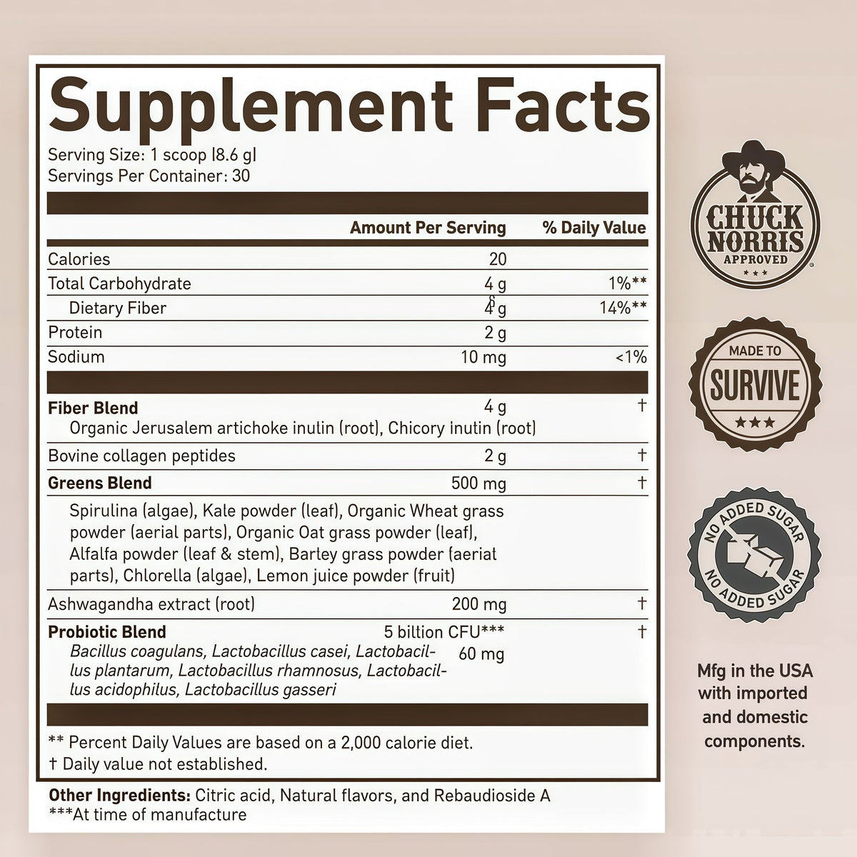 ROUNDHOUSE PROVISION Morning Kick, Zero Sugar Greens Superfood Powder Supplement with Ashwagandha, Collagen, Probiotics, Debloat Drink,  (Strawberry Lemonade) by Chuck Norris